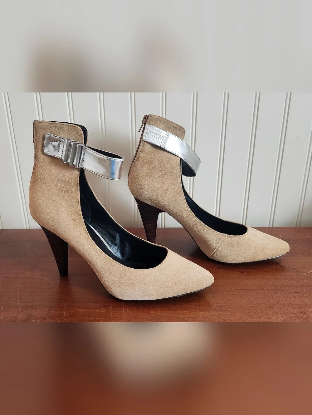 Kelsi Dagger Women's Beige Suede Pointed-Toe Ankle-Strap Heels